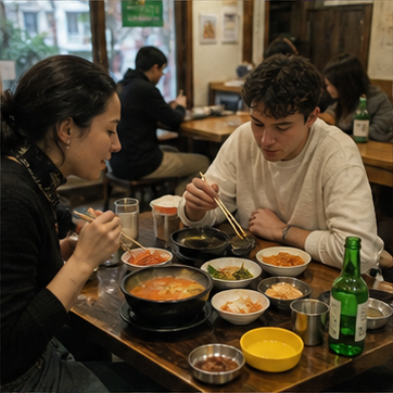 서울의 작은 식당에서 함께 식사하는 사람들