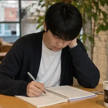 카페에서 한국어를 공부하는 남성