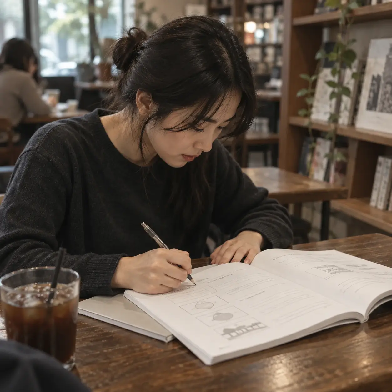 AI-generated illustrative Korean textbook study scene in a cafe, not a released textbook product.