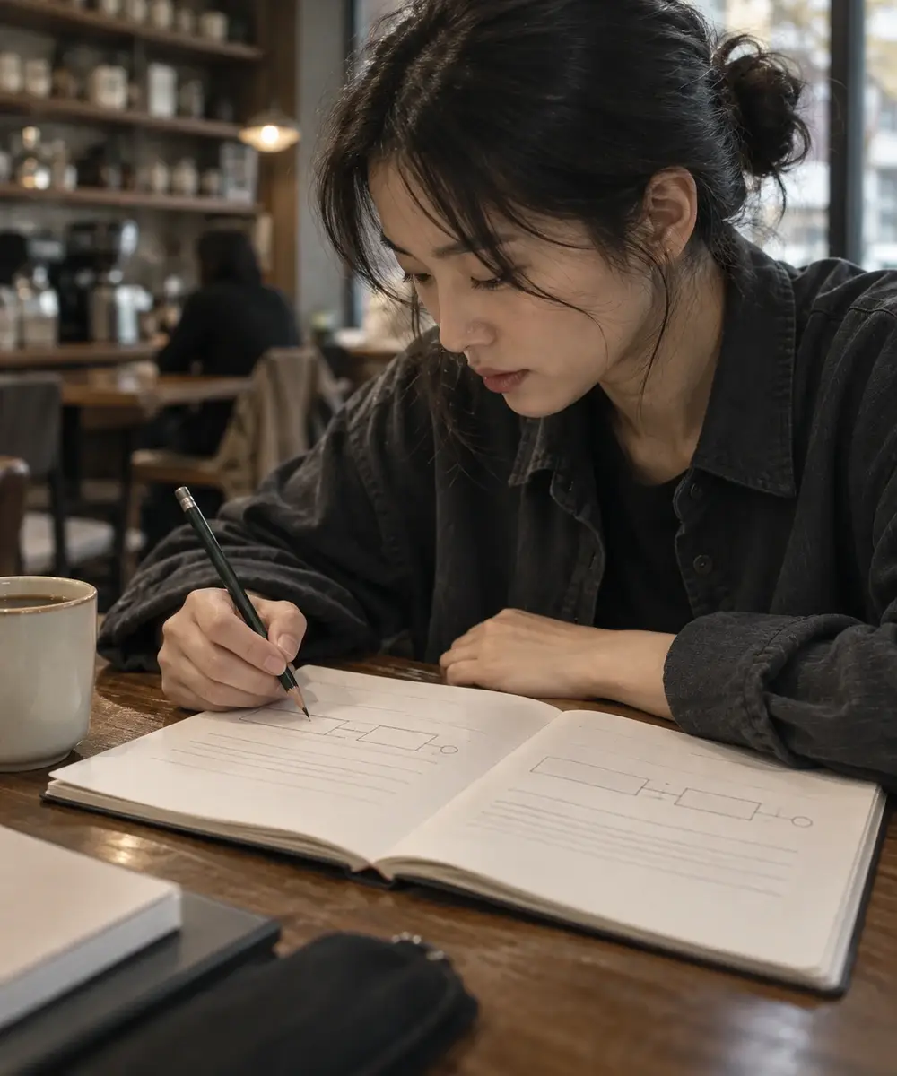A learner studying grammar patterns in a notebook at a cafe.